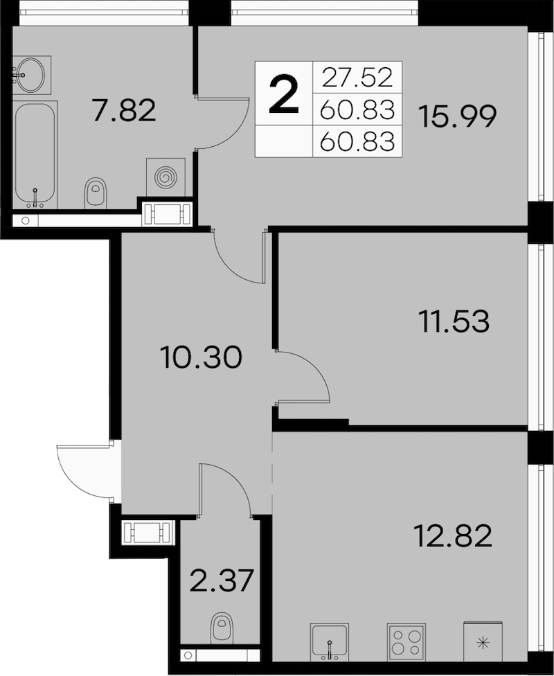 2-комнатная квартира 60.83 м², 13/19 эт., ЖК «GloraX Aura Vasileostrovsky»